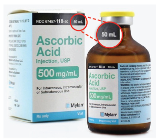 Figure 1. Mylan 50 mL ascorbic acid vial contains 25 g/50 mL; however, the carton and vial labels only list 500 mg/mL, failing to note the 25 g total contents anywhere on the labels. 