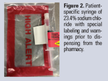 Figure 2. Patient-specific syringe of 23.4% sodium chloride with special labeling and warnings prior to dispensing from the pharmacy.