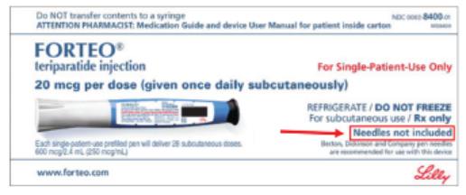 Figure 1. FDA recommends that manufacturers of pen injectors include the statement, “Needles not included,” on the outside carton as a reminder to provide pen needles.