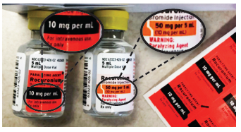 Figure 1. Vial on left contains 50 mg/5 mL but the peel-off overlay states 10 mg per mL, which may be confused as the total amount in the vial. Vial on right has the peel-off label removed. Additional peel-off labels are included in vial cartons.   