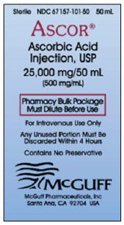 Figure 2. FDA-approved ascorbic acid injection from McGuff Pharmaceuticals properly designates product concentration as 25,000 mg/ 50 mL (500 mg/mL).