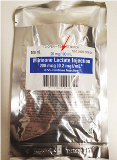 Figure 1. Hospira premixed milrinone lactate injection label contributed to a pump programming error because of the emphasis on 200 mcg per mL, not 20 mg/100 mL.