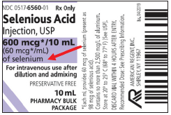 Figure 1. Selenious acid injection is equivalent to 60 mcg of selenium per mL, which is present as 98 mcg of selenious acid per mL. The words “of selenium” may be missed on the label.