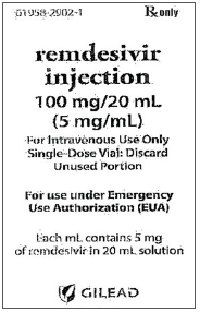 Figure 3. Another label from remdesivir injectable solution, which prominently lists the total amount of drug in each vial (100 mg/20 mL), with the per mL amount (5 mg/mL) in parentheses below it.
