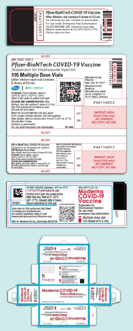 Figure 1. Current Pfizer-BioNTech (top) and Moderna (bottom) COVID-19 vaccine vial and carton labels, which could change.