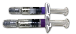 Figure 2. Havrix (top) and Fluarix Quadrivalent (bottom) prefilled syringes look similar in color and shape, and both are refrigerated, contributing to mix-ups.