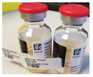 Figure 1. Imdevimab (left) and casirivimab (right) vial labels list only product code numbers, not drug names, and the manufacturer’s barcodes do not differentiate the products. A pharmacy has affixed barcoded labels with drug names to the vials.