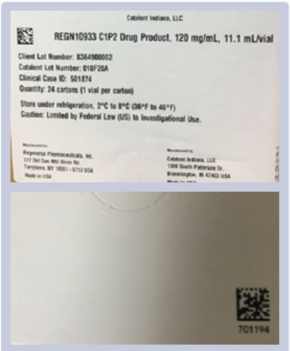 Figure 1. Front (top) and back (bottom) of a case of a Regeneron monoclonal antibody, which is labeled with a product code name (REGN10933), not the established name, casirivimab.