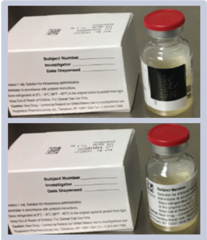 Figure 2. Vial carton and front (top photo)/back (bottom photo) of a vial of Regeneron’s casirivimab is labeled with a product code name, not the established name.