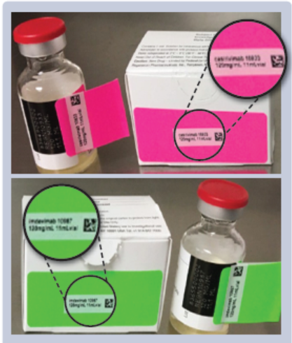 Figure 4. Hospital affixes barcoded, brightly colored labels to help differentiate investigational labels on casirivimab (top, pink) from imdevimab (bottom, green).