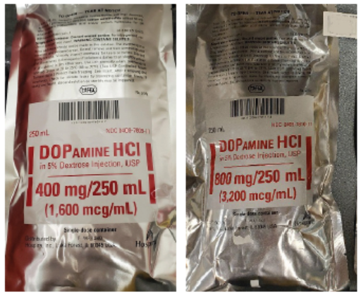 Figure 1. Label confusion reported in 2020 between look-alike containers of Hospira’s DOPamine 400 mg/250 mL (left) and 800 mg/250 mL (right).