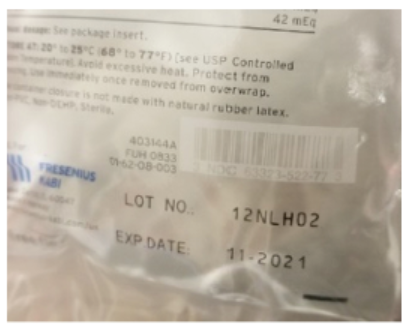 Figure 4. Fresenius Kabi’s heparin 25,000 units in 500 mL of D5W has a white barcode on the clear bag, making it nearly impossible to scan.