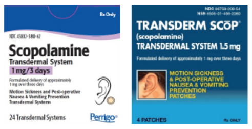 Figure 1. Scopolamine transdermal system from Perrigo (left) expresses the dose as 1 mg/3 days, while TRANSDERM SCŌP (scopolamine) from Sandoz (right) expresses the dose as 1.5 mg, although the patch delivers 1 mg over 3 days.