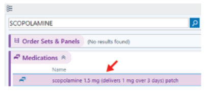 Figure 2. Example of one health system’s edits in the electronic health record to communicate the 1 mg over 3 days delivery of scopolamine patches.