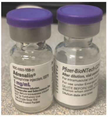 Figure 1. Similar-looking vials of Par Pharmaceutical’s Adrenalin (left) and the Pfizer-BioNTech COVID-19 vaccine (right).