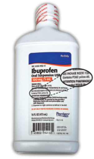 Figure 1. The principal display panel on a large bottle of ibuprofen oral suspension from Perrigo indicates that it “Contains FD&C yellow #6,” but the product also contains D&C red #33, which is only listed in the package insert.