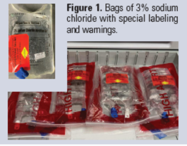 Figure 1. Bags of 3% sodium chloride with special labeling and warnings.