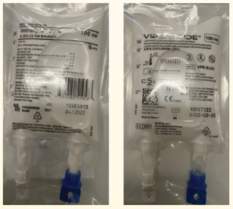 Figure 1. Look-alike bags of Intralipid 20% (left) and ViperSlide (right).