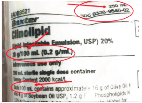 Figure 1. Clinolipid concentration is expressed as 20 g/100 mL while the container volume is 250 mL (containing 50 g), which appears in the upper right corner of the bag and might be overlooked.