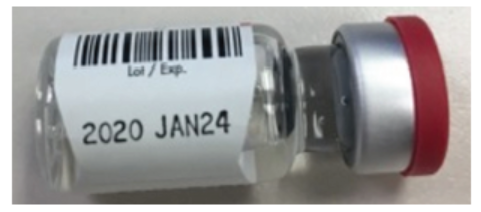 Figure 1. The lot number, 2020, on the 5 mg/2 mL droperidol vial can be mistaken for the year the vial expires.