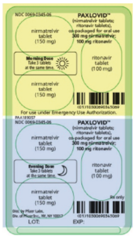 Figure 1. For patients with normal renal function or mild renal impairment, each Paxlovid carton contains 5 daily-dose blister packages with 2 tablets of nirmatrelvir 150 mg (300 mg total) and 1 tablet of ritonavir 100 mg for each morning and evening dose (30 tablets in total).