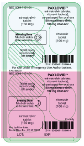 Figure 2. For patients with moderate renal impairment, each Paxlovid carton contains 5 daily-dose blister packages with 1 tablet of nirmatrelvir 150 mg and 1 tablet of ritonavir 100 mg for each morning and evening dose. One blister for the morning and evening dose is intentionally left empty (20 tablets in total).