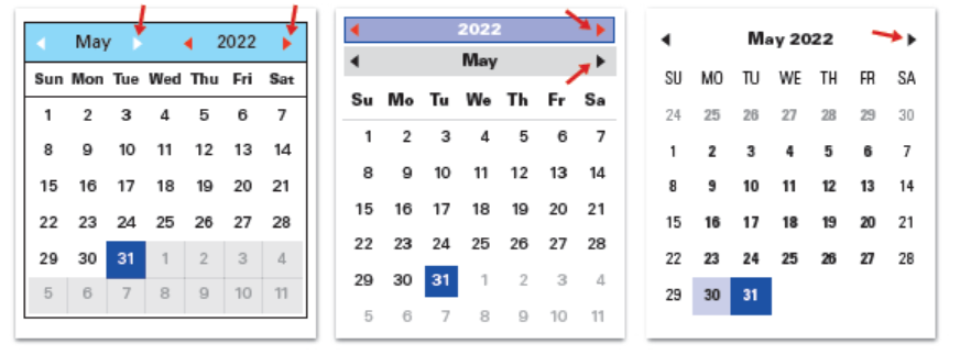 Figure 1. A calendar tool may have arrows side-by-side (left) or on separate lines (middle) to advance (or go back) the month and year. Calendar tools used for home computers are often designed to advance (or go back) 1 month at a time (right), which reduces the risk of errors associated with the year.