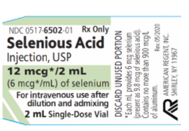 Figure 1. The new single-dose selenious acid vial by American Regent provides 12 mcg/2 mL (6 mcg/mL) of selenium.