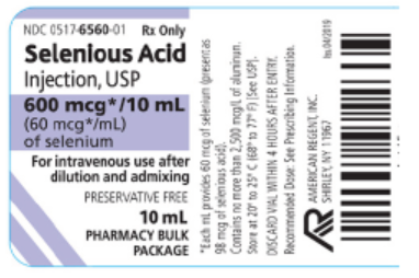 Figure 2. The multidose vial of selenious acid by American Regent provides 600 mcg/10 mL (60 mcg/mL) of selenium.