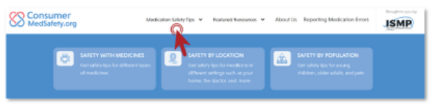 Figure 2. Navigation to Medication Safety Tips provides safety information for different types of medications, locations of care, and at-risk populations (older adults, children, pets).