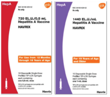 Figure 1. GSK manufactures two hepatitis A vaccines, one intended for children 12 months through 18 years (left), and the other for patients 19 years and older (right). The cartons do not specify “pediatric” or “adult” formulation, and the syringe labels (not pictured) do not include the recommended age range or state “pediatric” or “adult” formulation.
