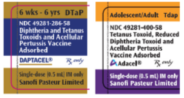 Figure 4. Daptacel, the DTaP formulation by Sanofi, is intended for patients 6 weeks through 6 years (left). Adacel, the Tdap formulation by Sanofi, is intended for patients 10 years through 64 years of age (right).