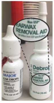Figure 1. Carbamide peroxide 6.5% ear drops by Major Pharmaceuticals (left) is packaged in a dropper bottle similar in size and shape to an eye drop container. DEBROX by Prestige Consumer Healthcare has a long neck for otic administration and the label states “EARWAX REMOVAL AID” in large font (right).