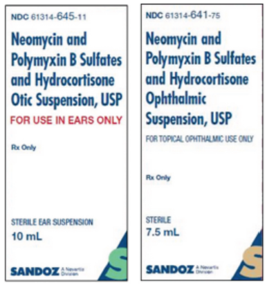 Figure 2. The carton of neomycin, polymyxin B, and hydrocortisone otic suspension (left) states “FOR USE IN EARS ONLY,” but this can be overlooked when eye (right) and ear product cartons look similar.