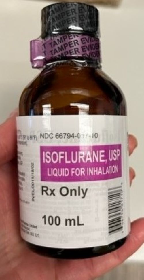 Figure 2. Organizations received bottles labeled Isoflurane, USP 100 mL “for animal use only” (NDC 11695-6777-1) by Covetrus (left) rather than the intended human product, Isoflurane, USP 100 mL (NDC 66794-017-10) by Piramal Critical Care (right).