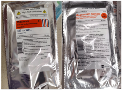Figure 1. The label on the WG Critical Care midazolam 100 mg per 100 mL overwrap (left) displays the medication name in a bright orange rectangle and warns practitioners that this is a high-alert medication. WG Critical Care uses a different color design and color font to display the medication name on the magnesium sulfate 1 g per 100 mL overwrap (right).