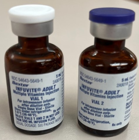 Figure 1. A carton of Infuvite Adult contains 10 vials, five of “vial 1” and five of “vial 2.” To prepare an infusion, one vial of each (vial 1 and vial 2) must be combined and further diluted.