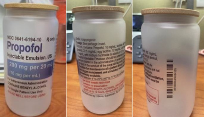 Figure 1. A water bottle designed to look like a propofol vial includes the proper national drug code (NDC) and a scannable barcode on the label. 