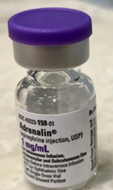 Figure 1. Adrenalin (EPINEPHrine) 1 mg/mL injection by Par Pharmaceutical should be protected from light, but it comes in a clear vial. 