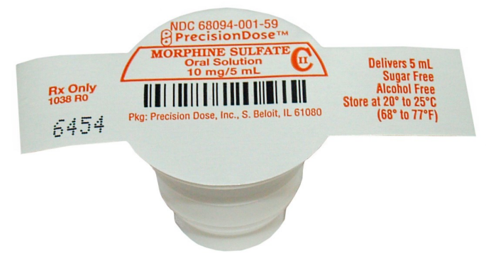 Figure 1. Label of a 10 mg/5 mL unit dose cup of morphine sulfate by Precision Dose that replaced a 5 mg/5 mL unit dose cup during a shortage.