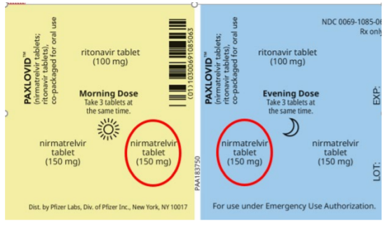 Figure 1. The red ovals in the image are where the nirmatrelvir tablets should be removed prior to dispensing Paxlovid to patients with moderate renal impairment; then, a pre-printed sticker (Figure 2) with dosing instructions, should be placed over the empty blisters.