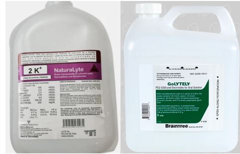 Figure 2. NaturaLyte, a liquid acid concentrate for bicarbonate hemodialysis (left), and GoLYTELY, used for bowel cleansing (right), are packaged in large plastic containers.